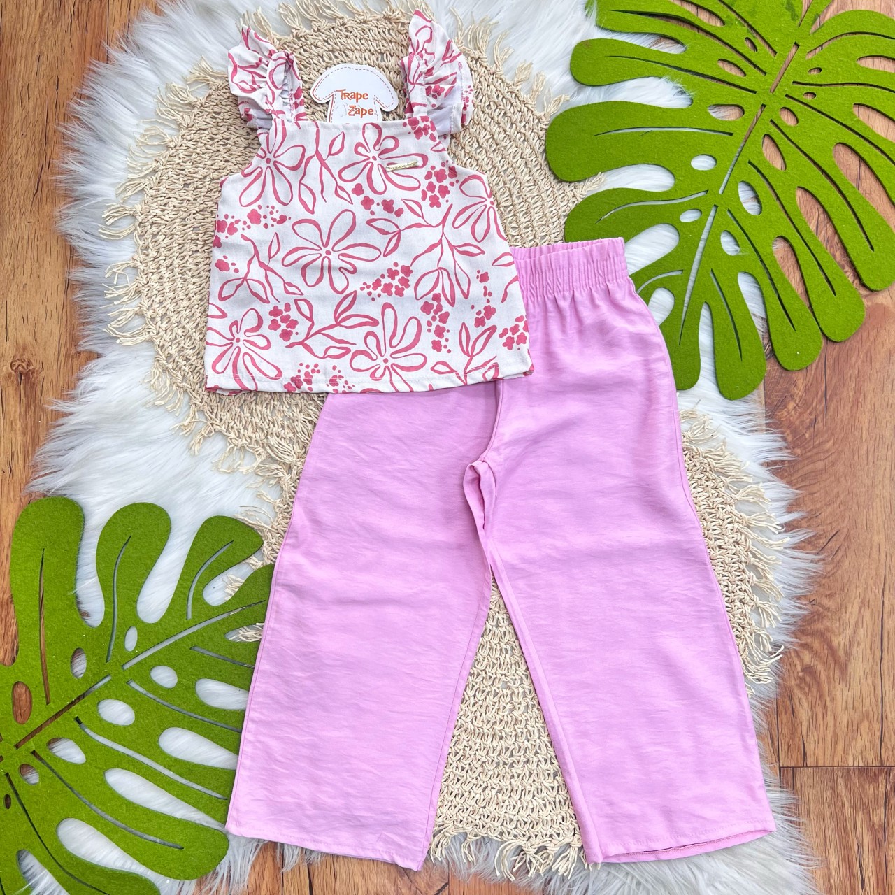 Conj Blusa Off e Pink Floral e Calça Pantacourt Rosa Flamingo